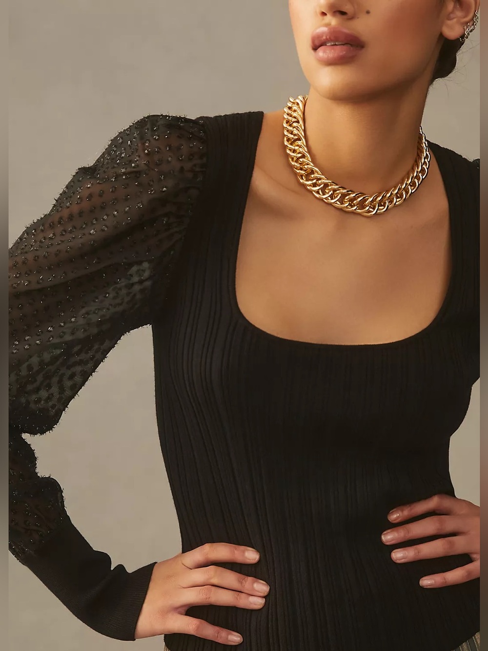By Anthropologie Puff-Sleeve Shimmer Ribbed Sweater Black XL